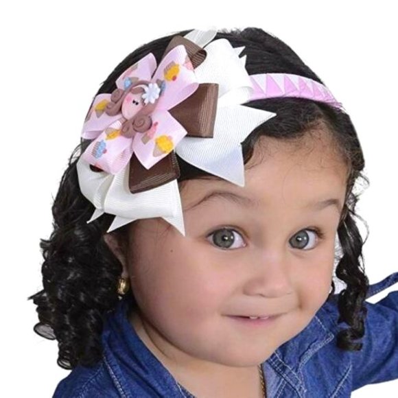 Girl's Headband Flower Design Pink White & Brown with Doll Face Charm - Picture 1 of 2